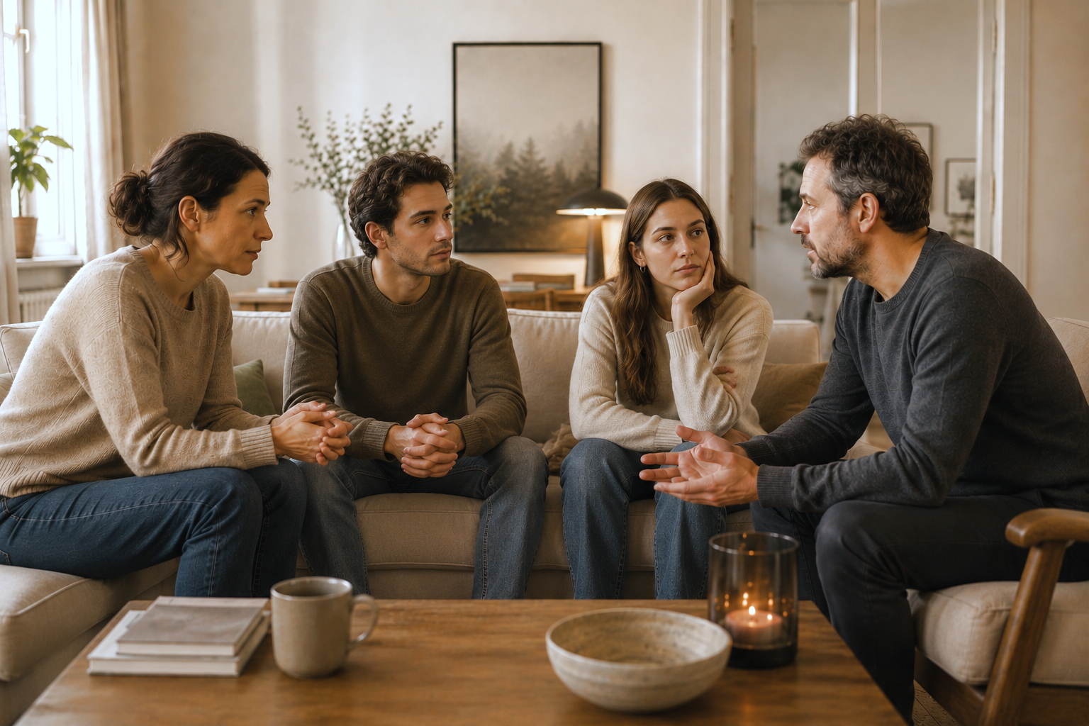 Fyra vuxna familjemedlemmar i samtal i ett vardagsrum, samlade kring ett soffbord