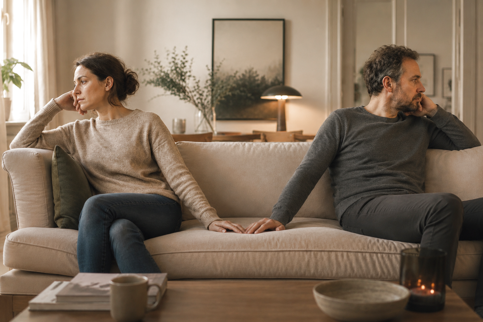 Ett par sitter tysta vridna åt var sitt håll i en soffa, med händerna som nätt och jämnt nuddar varandra